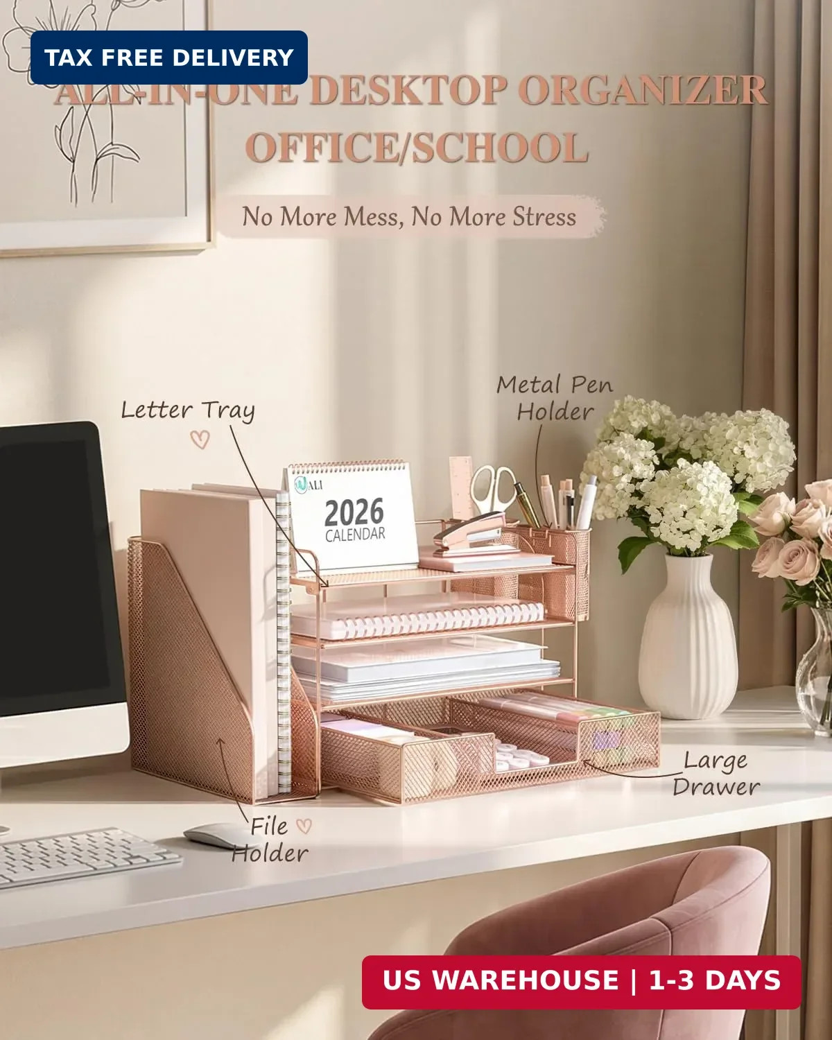WALI Desk File Organizer, 4 Tier Desktop Paper Letter Tray Organizer with Drawer