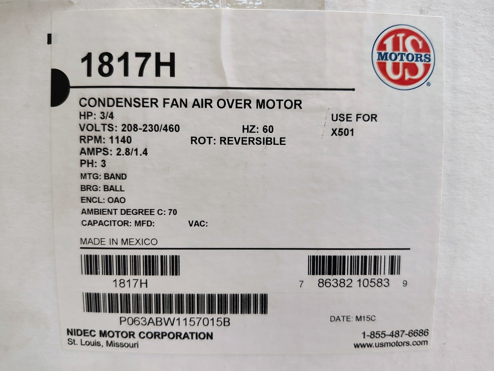 US Motors 1817H Mojave 600W Condenser Motor 60HZ 1140 RPM 3/4 HP 208V-230V/460V