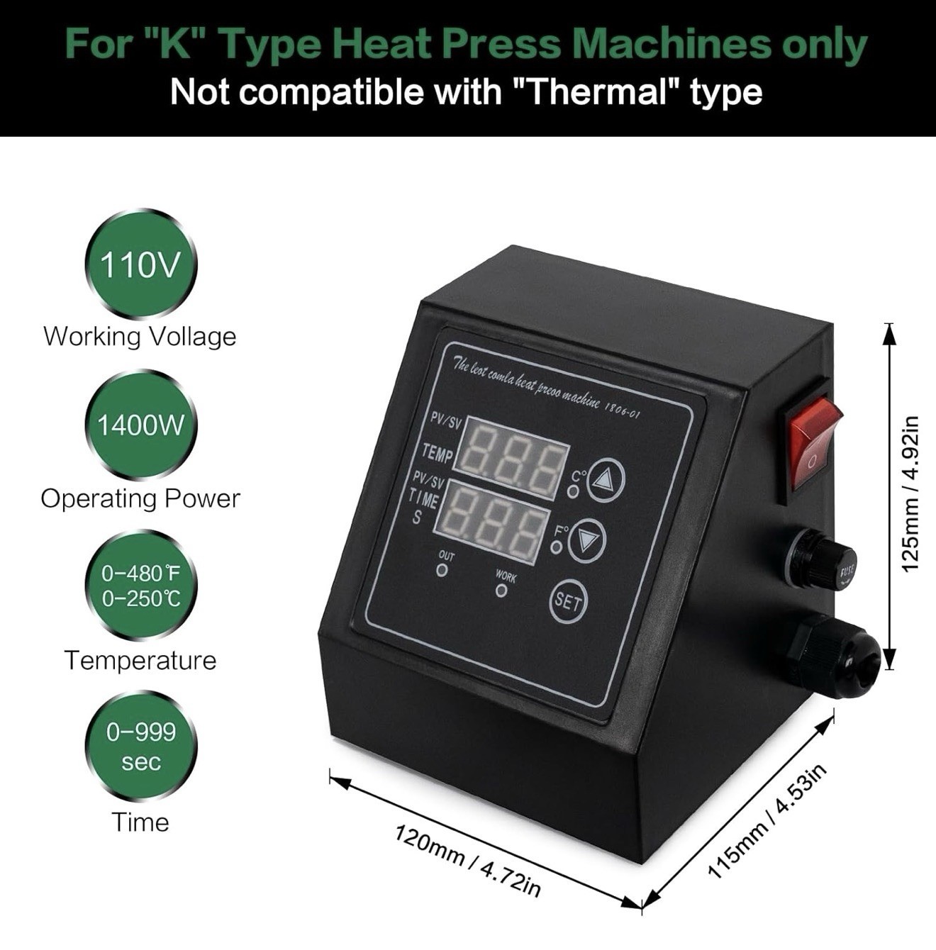 15×15 Heat Press Control Box 1400W Sublimation Transfer T-Shirt Mug Hat Press