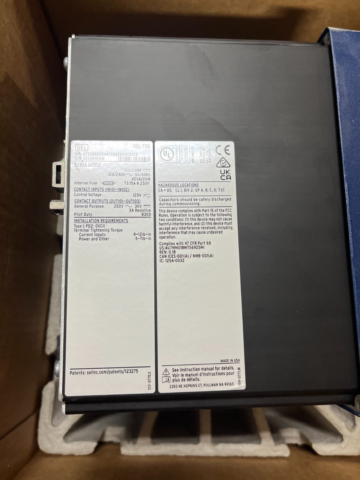 SEL-735 POWER QUALITY AND REVENUE METER 0735BX00944CXXXXXX1601XX NEW OPEN BOX