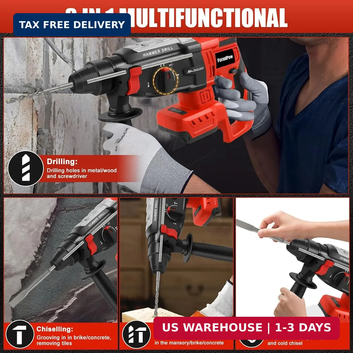 SDS Plus Rotary Hammer for Milwaukee M18 Battery (No Battery) | 2.6J Impact, Bru
