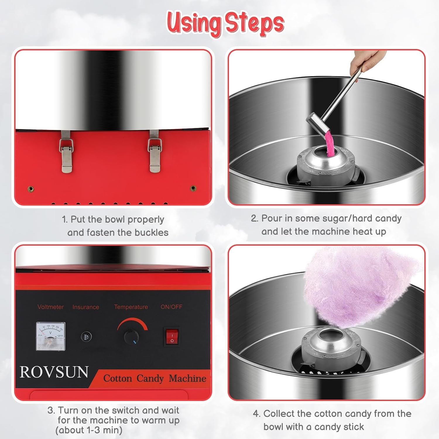 980W Cotton Candy Machine Red Candy Floss Maker with 21 inch Stainless Steel