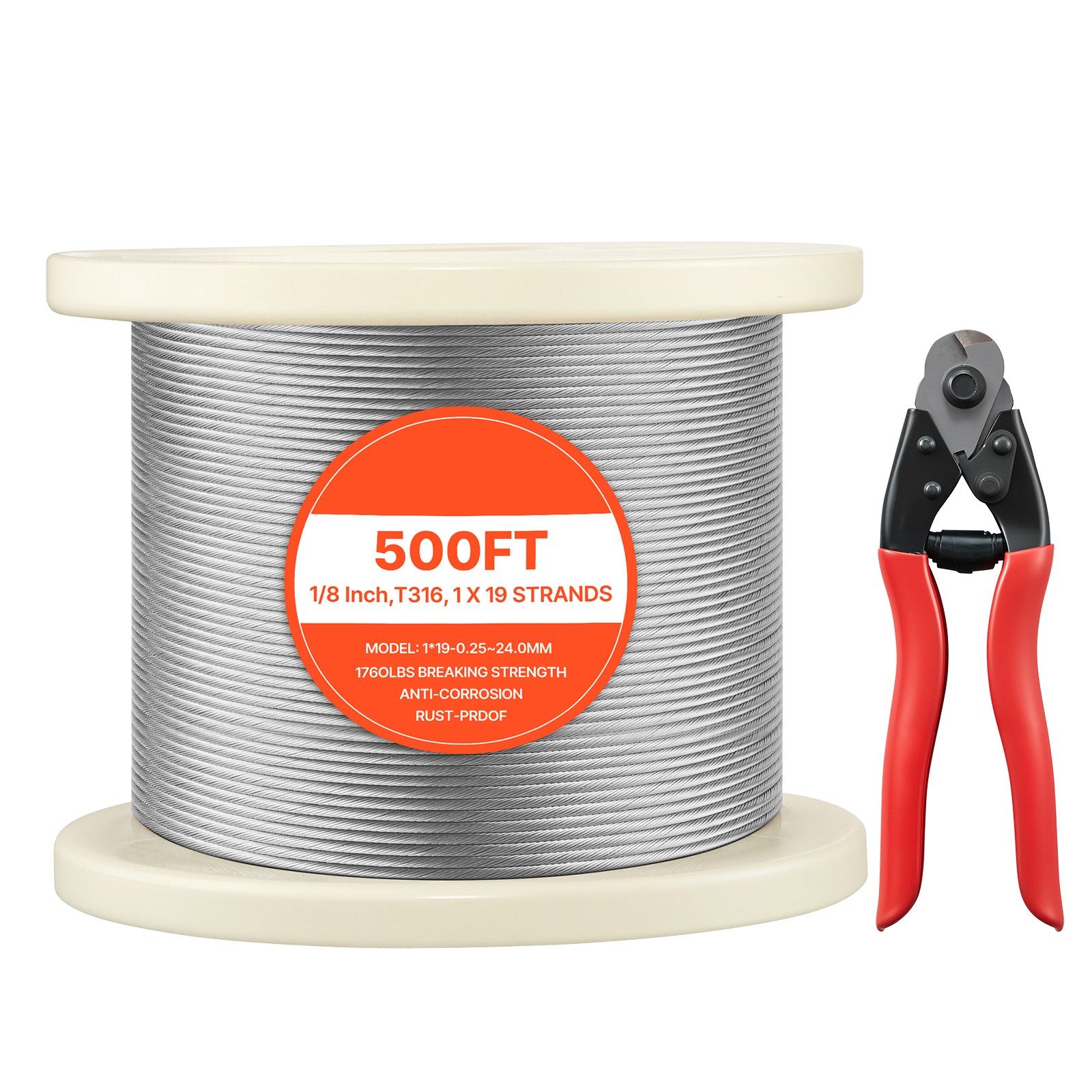 Uimoso 316 Stainless Steel 1/8 in Wire Rope, 1×19 Strand, 500 ft for Railing