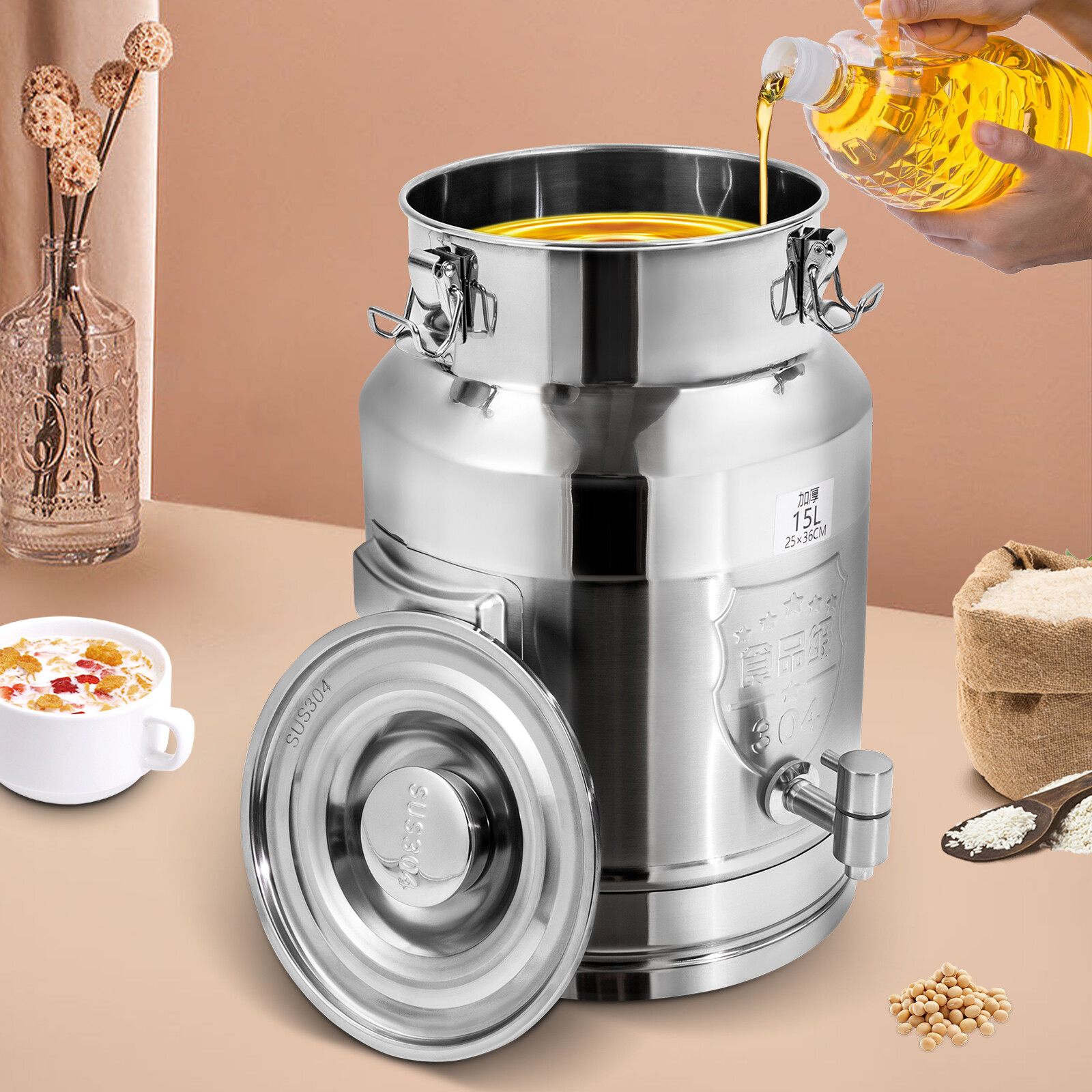 15L/3.96Gal Beverage Dispenser Stainless Steel Milk Can Milk Transport Barrel