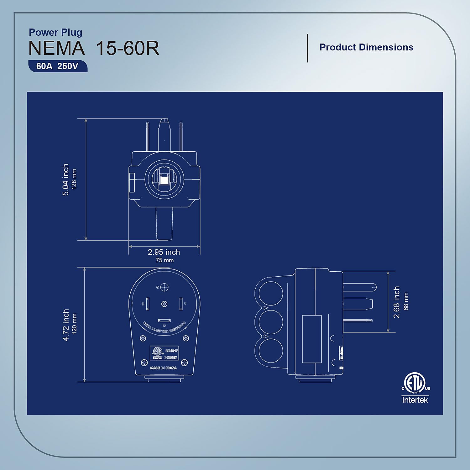 NEMA 15-60P Rewirable Plug, 60 Amp 250V 3-Prong Heavy-Duty Male Plug, ETL Listed