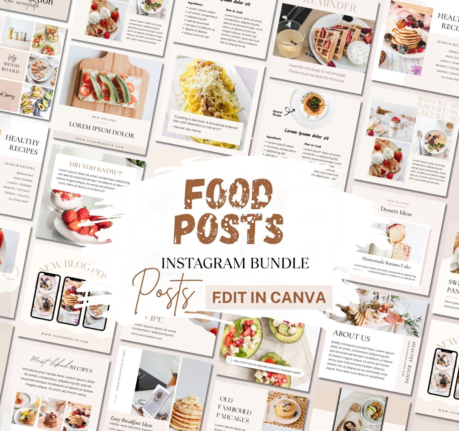Digital Instagram Templates Canva Editable Food Lovers Social Media Content Kit
