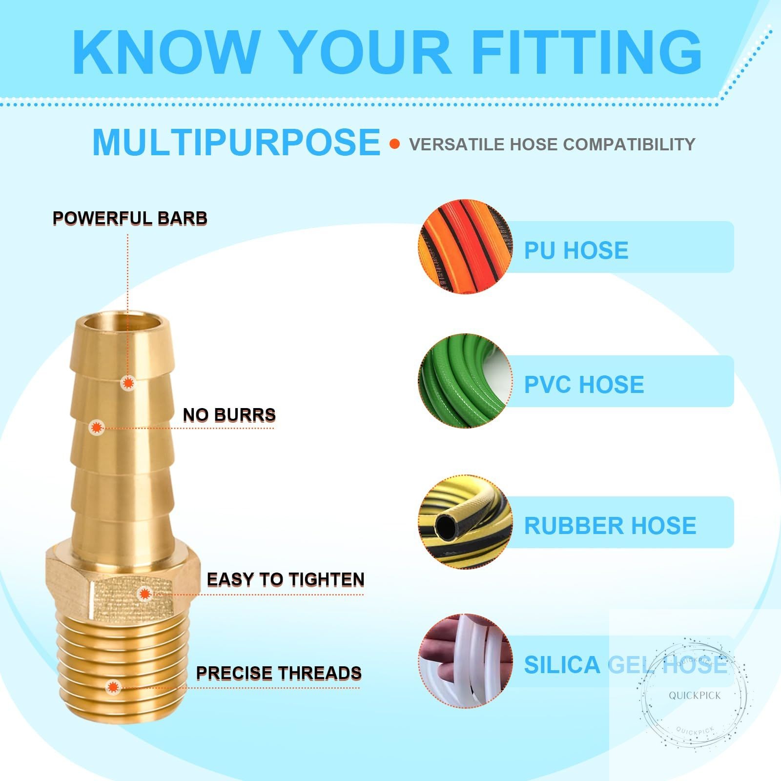 6 Pcs Brass Hose Fittings, 1/4 NPT to 3/8 Barb Barbed Hose Fittings, Male Thread