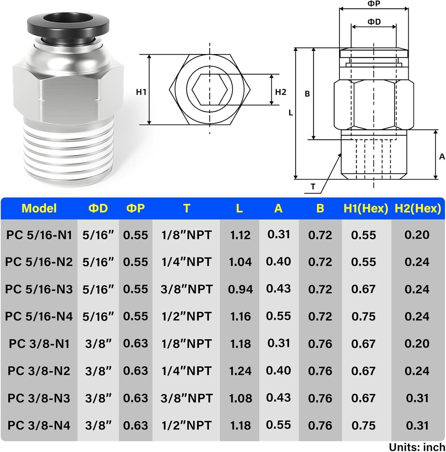 Durable Straight Push Fittings, Copper & Plastic, 5/16″ OD x 1/4″ NPT – 2 Pack