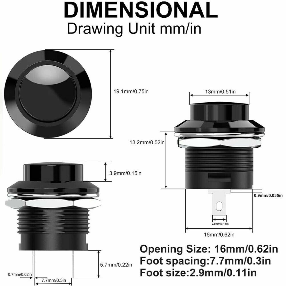 10 PCS 16mm Push Button Switch Non-Lock Momentary Open Round 2 Pins Metal