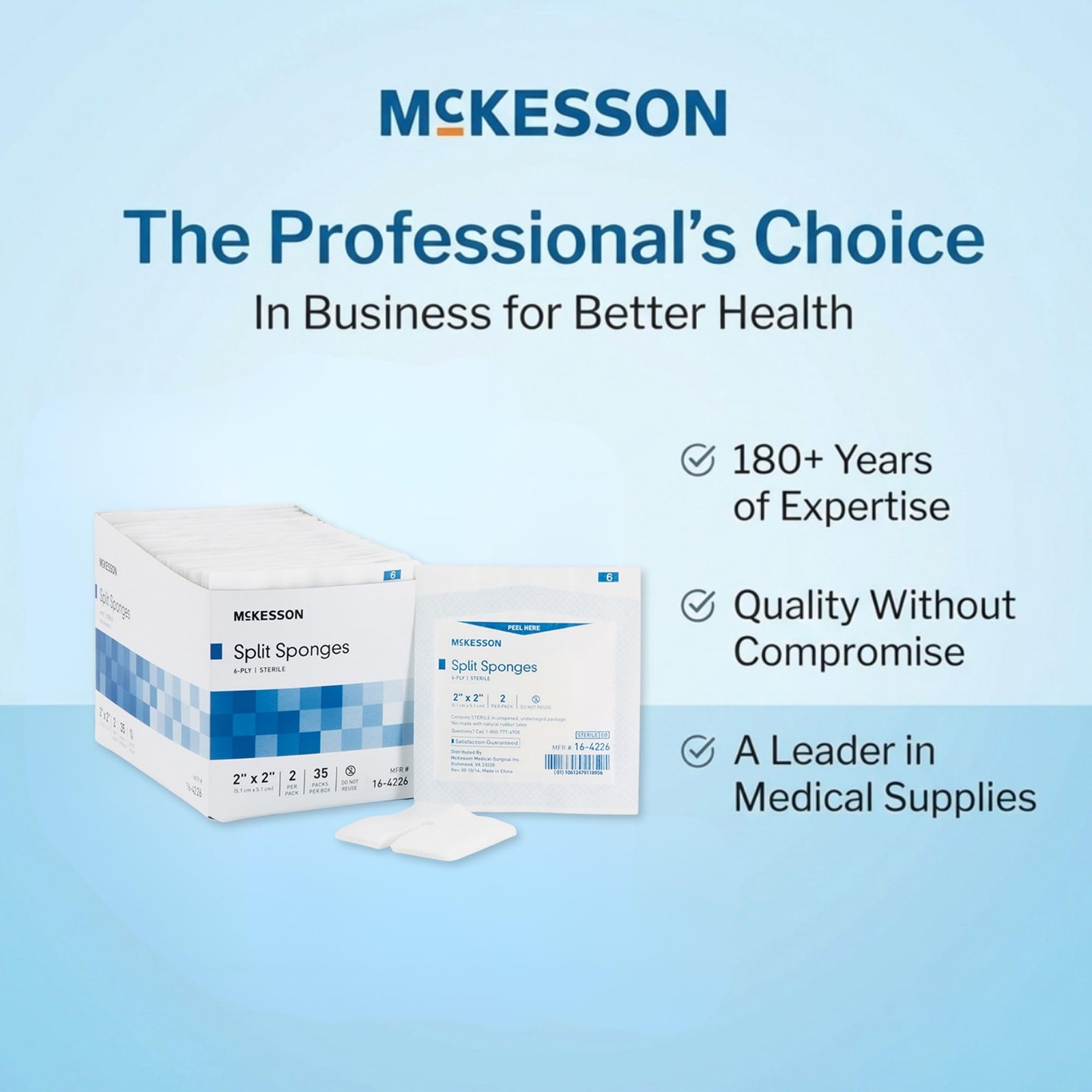 McKesson Performance Plus Gauze Split Iv Sponge 6Ply Sterile 2X2 – Box of 35 –