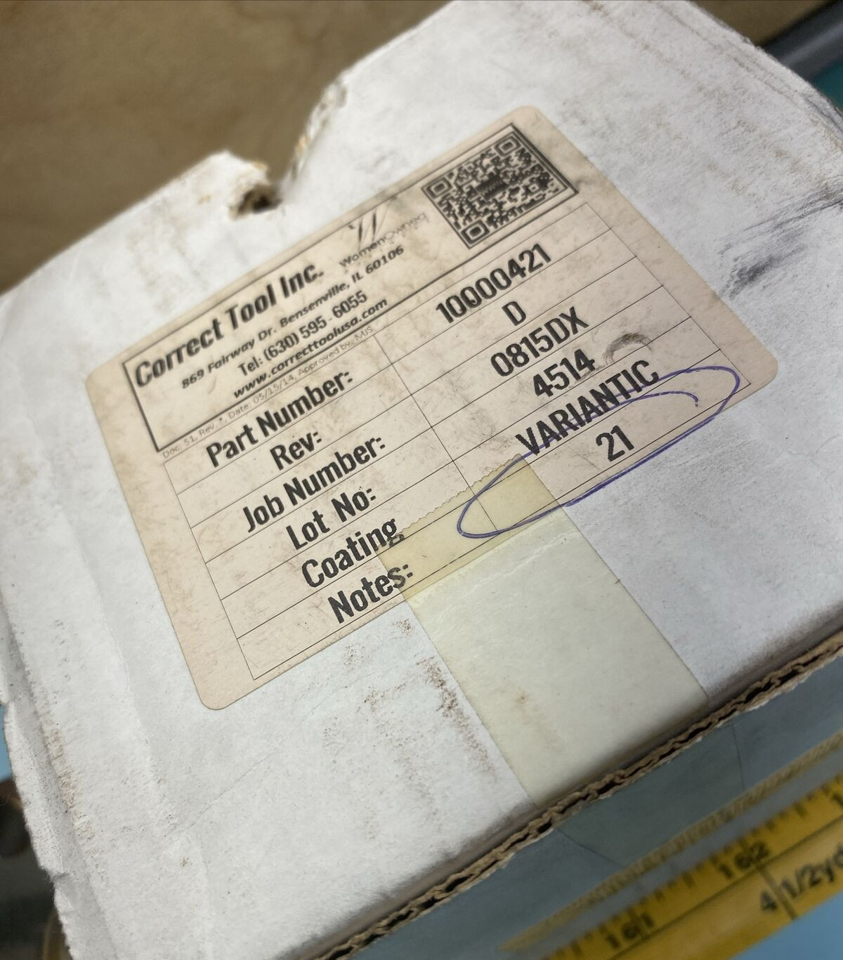 Correct Tool, Inc. 10000421, Note 21, Tooling Fixture, Variantic Coated