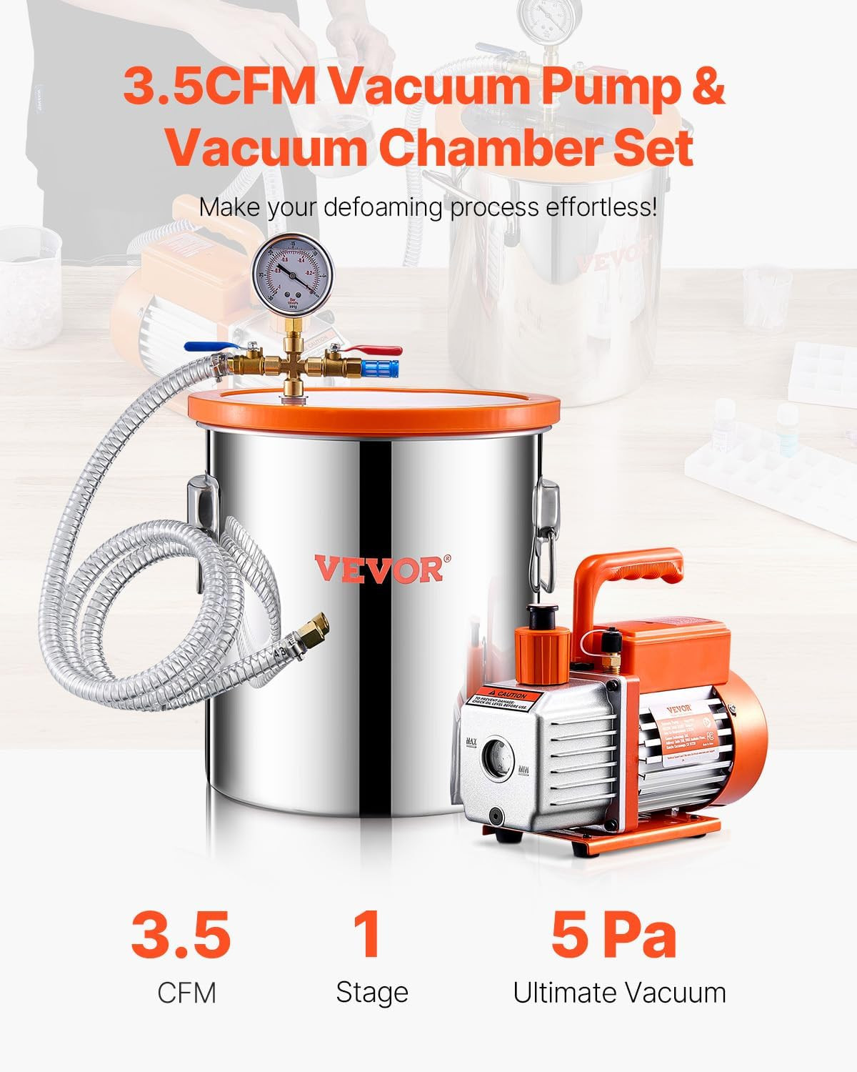 5 Gallon Vacuum Chamber and 3.5 CFM Pump Kit, Stainless Steel Chamber, Single St