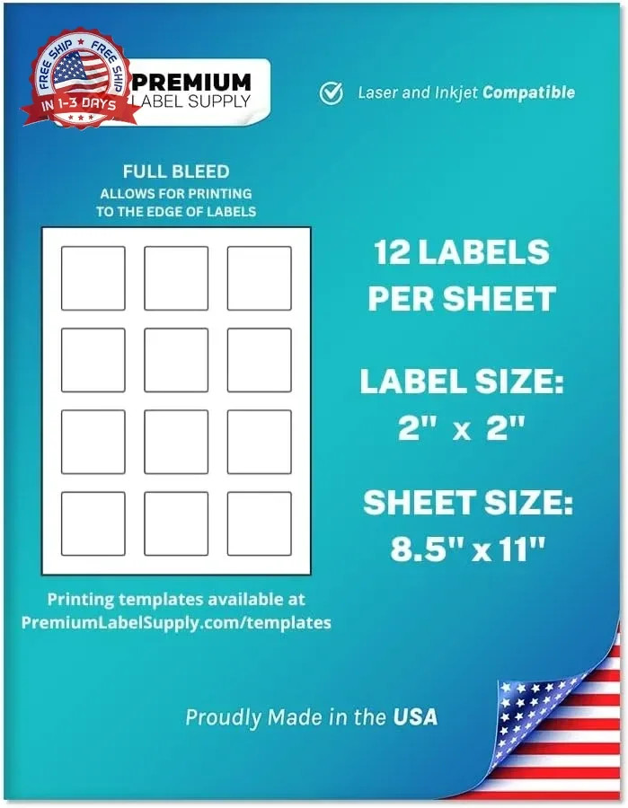 Premium Label Supply White Sticker Square Labels with Bleed – 2″ x 2″ – Laser/In