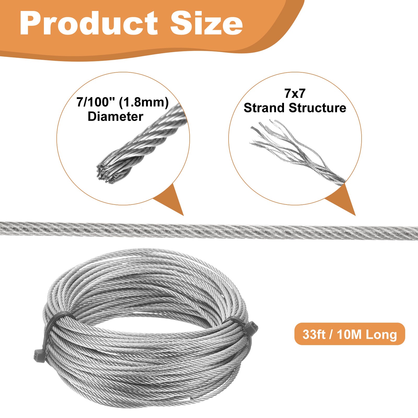 33ft (10M) 1.8mm Stainless Steel Wire Rope 7×7 Strand with 20pcs Loop Sleeves