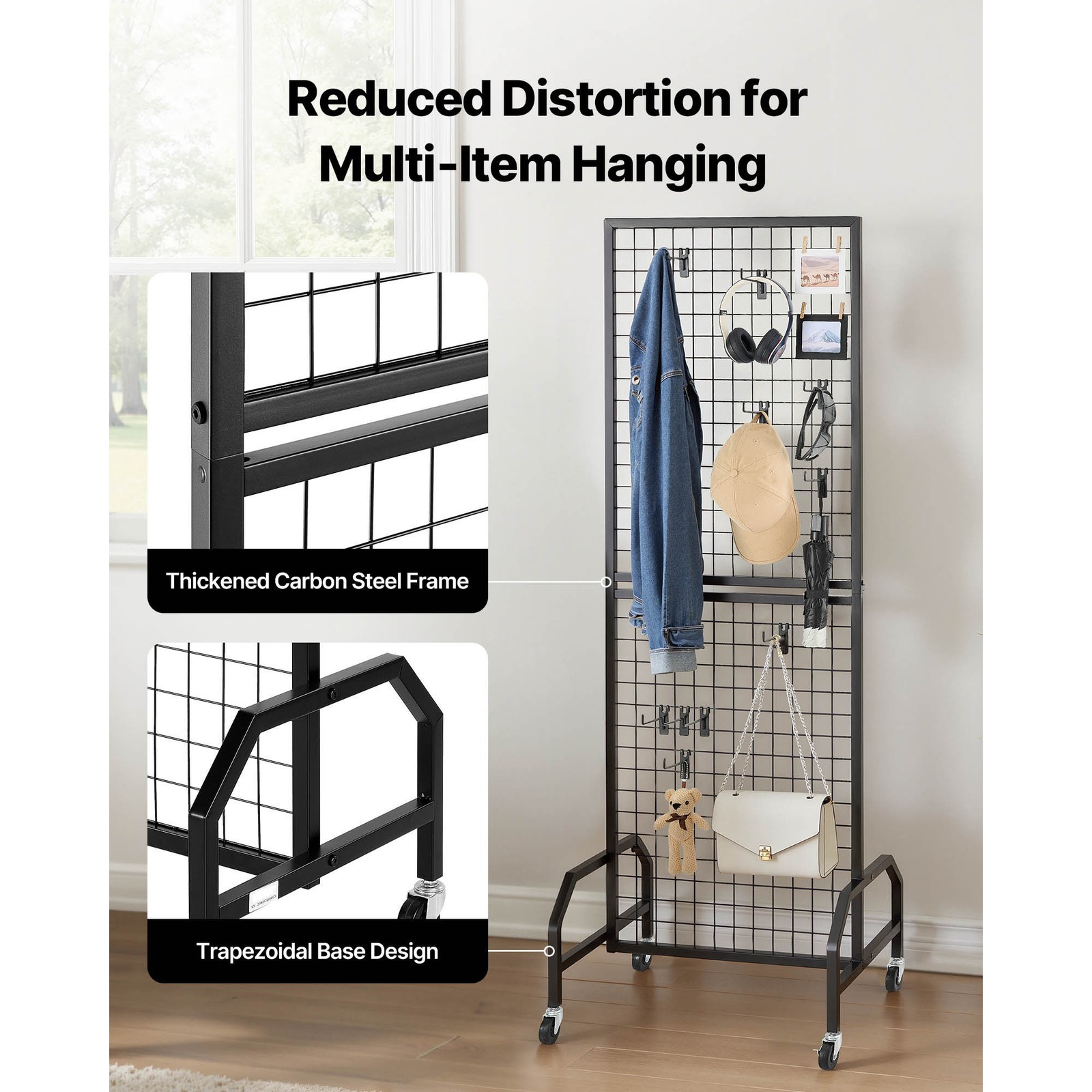 Uimoso Grid Wall Panel 1.9 x 5.4 ft Wire Display Rack with Wheels and 10 Hooks