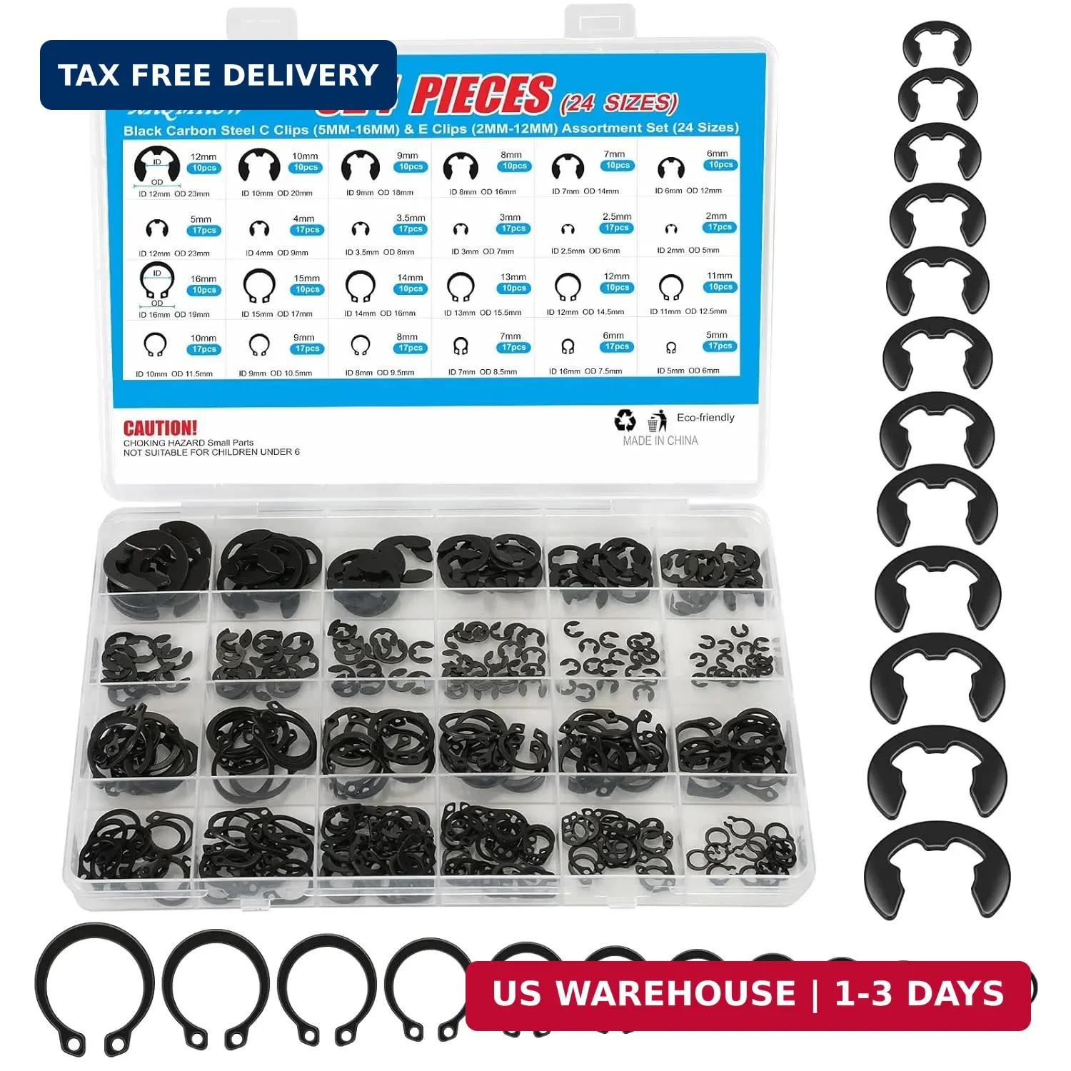 324Pcs C Clips & E Clips Assortment Kit, 24 Sizes C Clip 5mm-16mm & E Clip 2mm-1