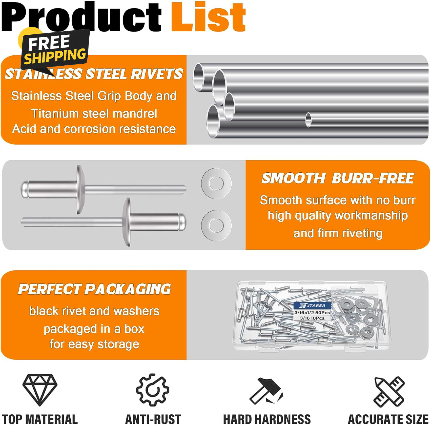 60PCS 3/16 x 1/2 Stainless Steel Pop Rivets Blind Rivet Kit with Washers Set