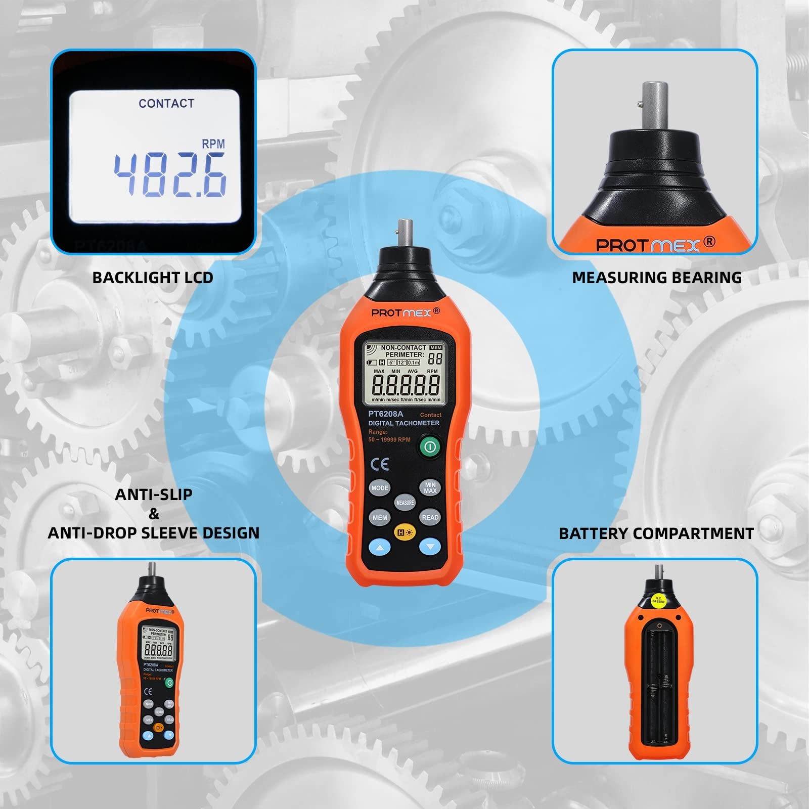 Digital Contact Tachometer 50-19999RPM Speed Meter | Data Logging, Max/Min/AVG,