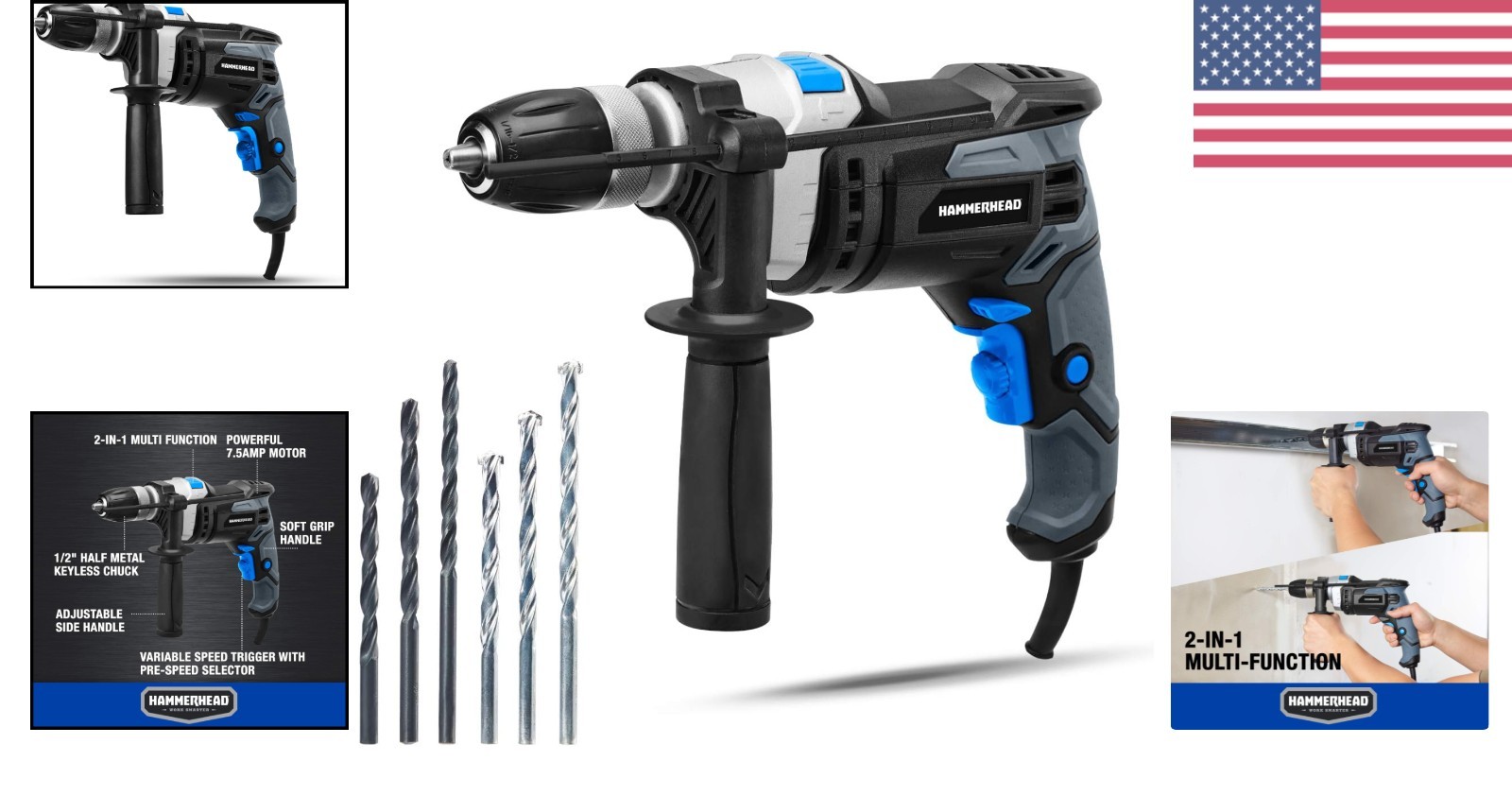 Multi-Function 1/2 Inch Hammer Drill – 7.5A Power & Variable Speed Control