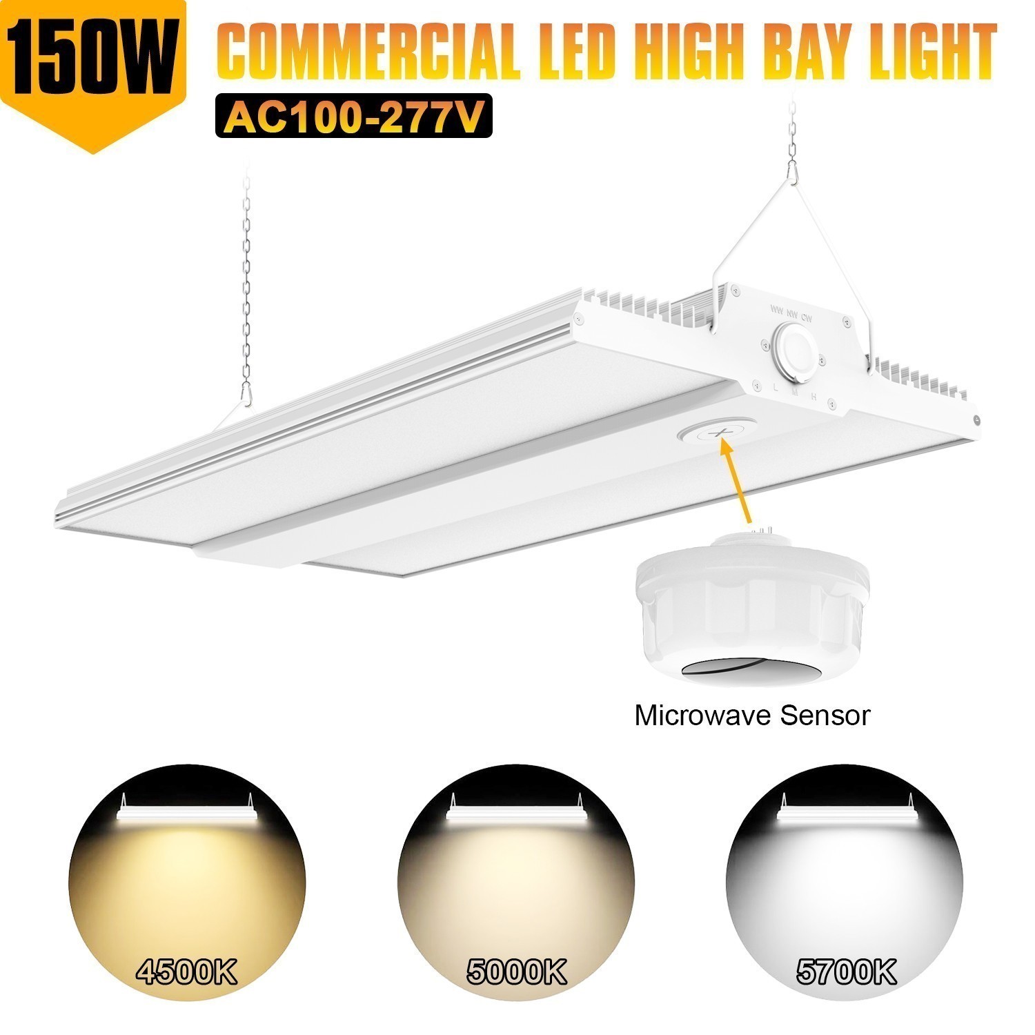 4500K~5700K Adjustable 150W LED Linear High Bay Shop Light With Microwave Sensor