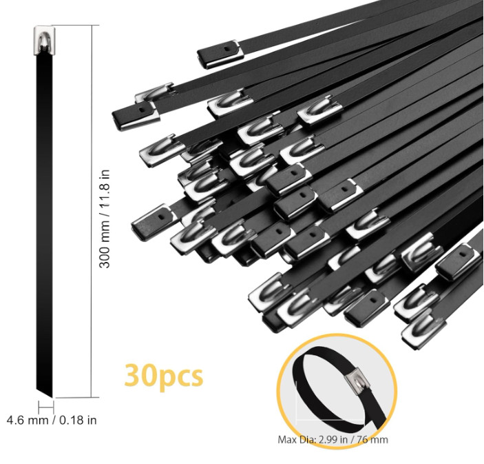 Metal Zip Ties Black 11.8in Stainless Steel Zip Ties Heavy Duty, 270LBS Tensile
