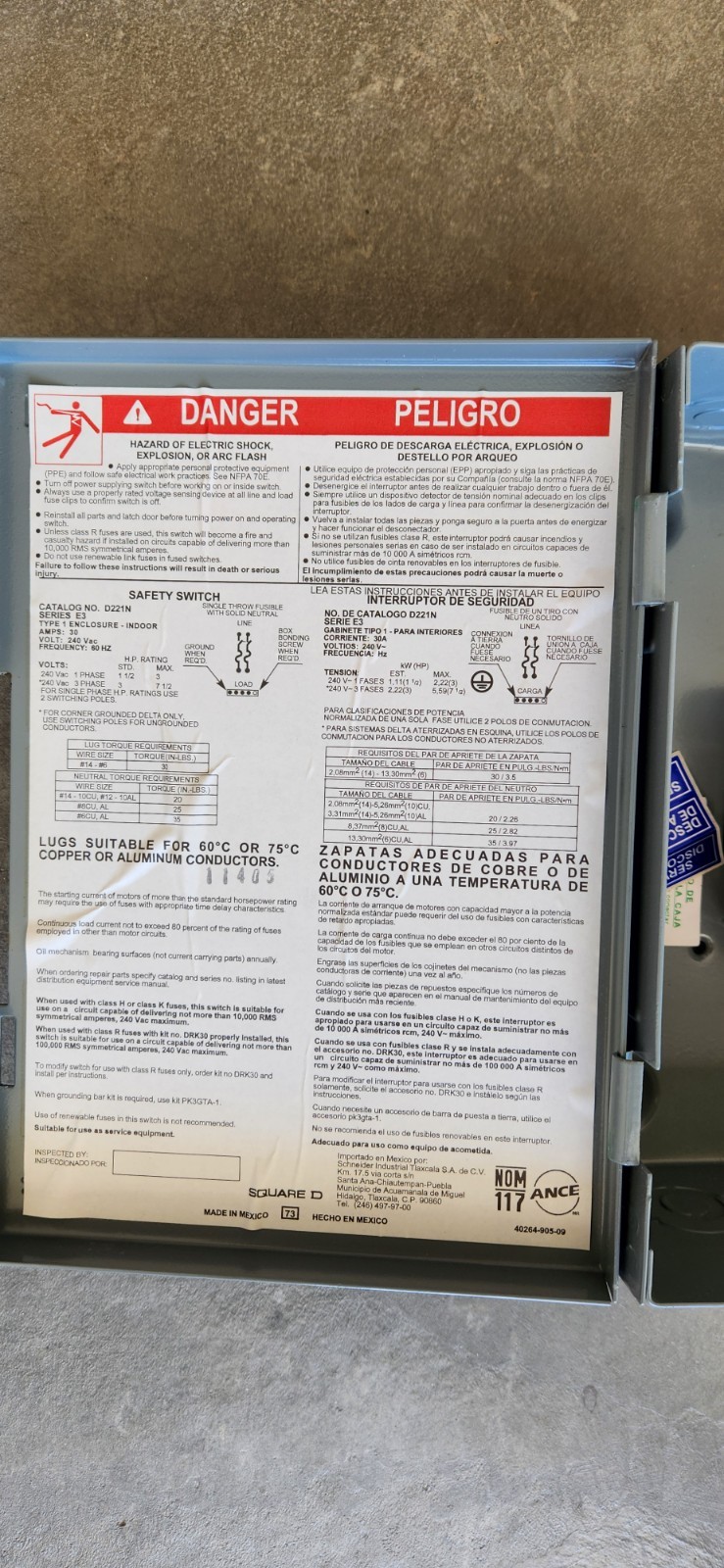 Square D D221NRB General Duty Safety Switch Fusable 30 Amp / 240 V Indoor ✨️📦