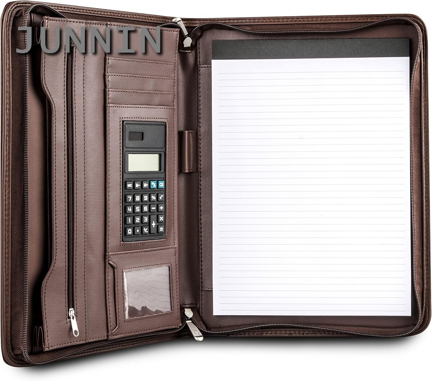 Brown PU Leather Business Portfolio Zipper Padfolio Tablet Sleeve Solar Calculat