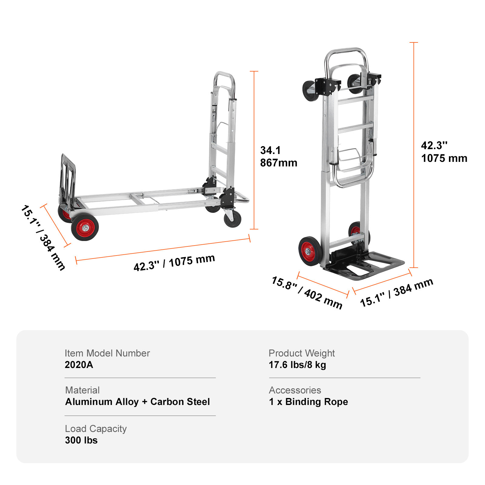 VEVOR Aluminum Hand Truck 2 in 1 Folding Dolly Cart 400 lbs Capacity Heavy Duty