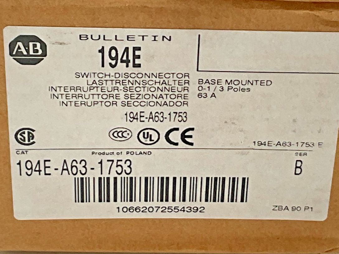 Allen Bradley 194E-A63-1753 Ser. B Disconnector Switch 63 Amp 194E New (MCC)