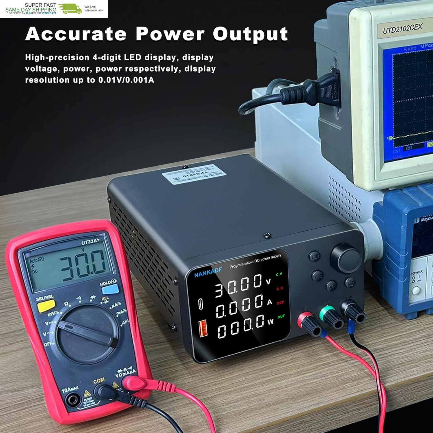 DC Power Supply, 30V 10A Bench Power Supply with Encoder Adjustment, 5V/3.6A Usb