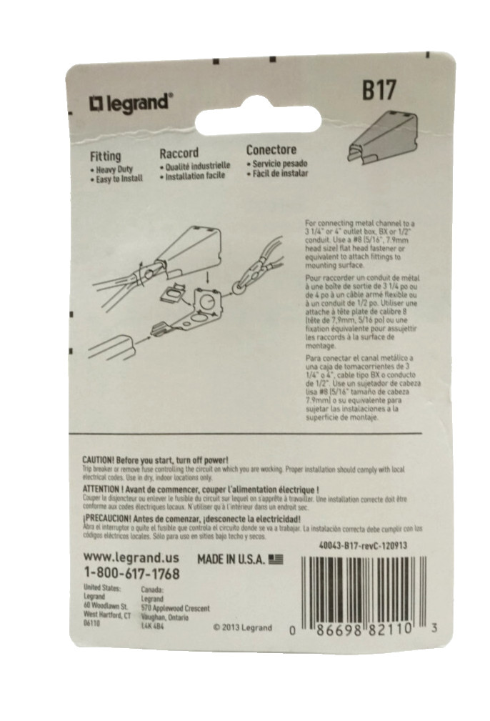 Legrand On-Wall Wiremold Metal Surface Raceway Conduit Fitting Ivory B17