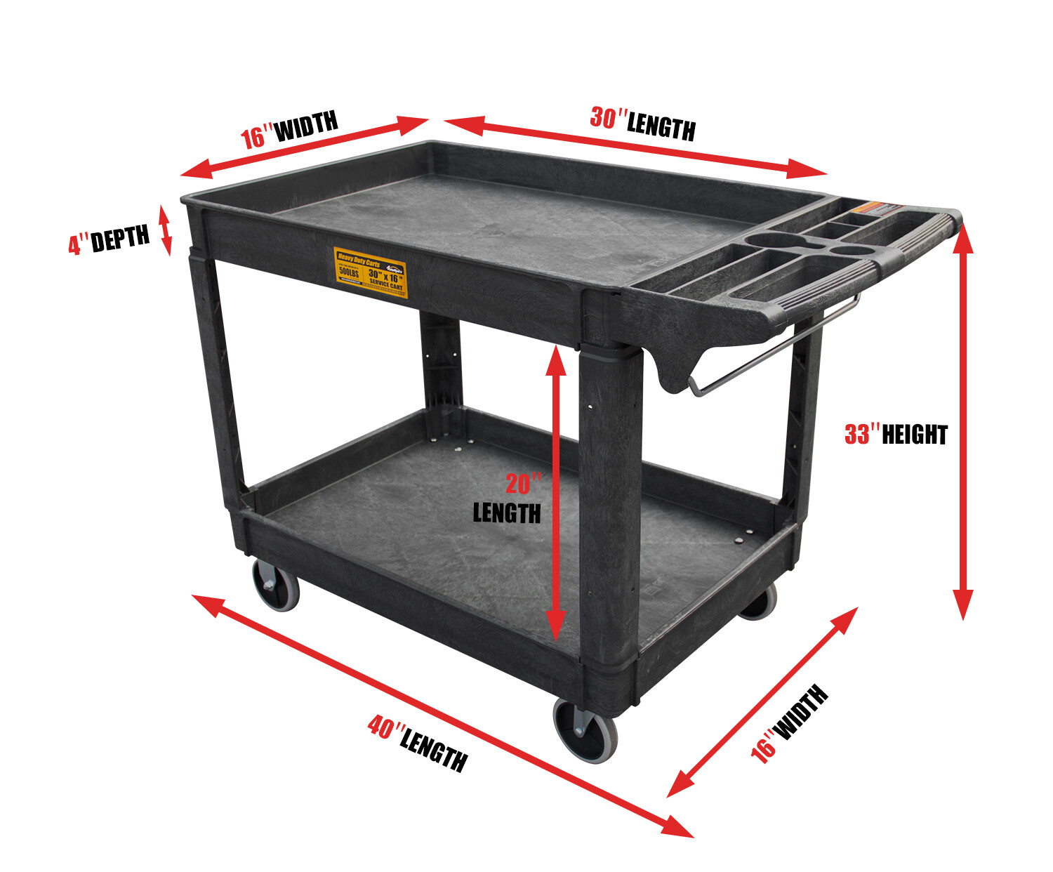 16*30 Inch Polypropylene Service Cart Heavy Duty 500 lbs Tools Organizer Rolling
