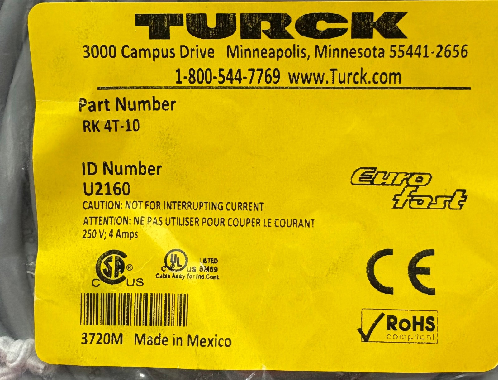 TURCK RK 4T-10 ID# U2160 CORDSET SINGLE ENDED (PIGTAIL) 3 WIRE 10 METER – QTY 2