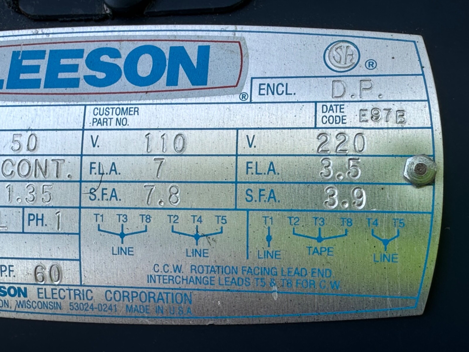 Leeson 110394.00 Electric Motor 1/3HP 1425RPM 110/230V Model C6C14DB5D