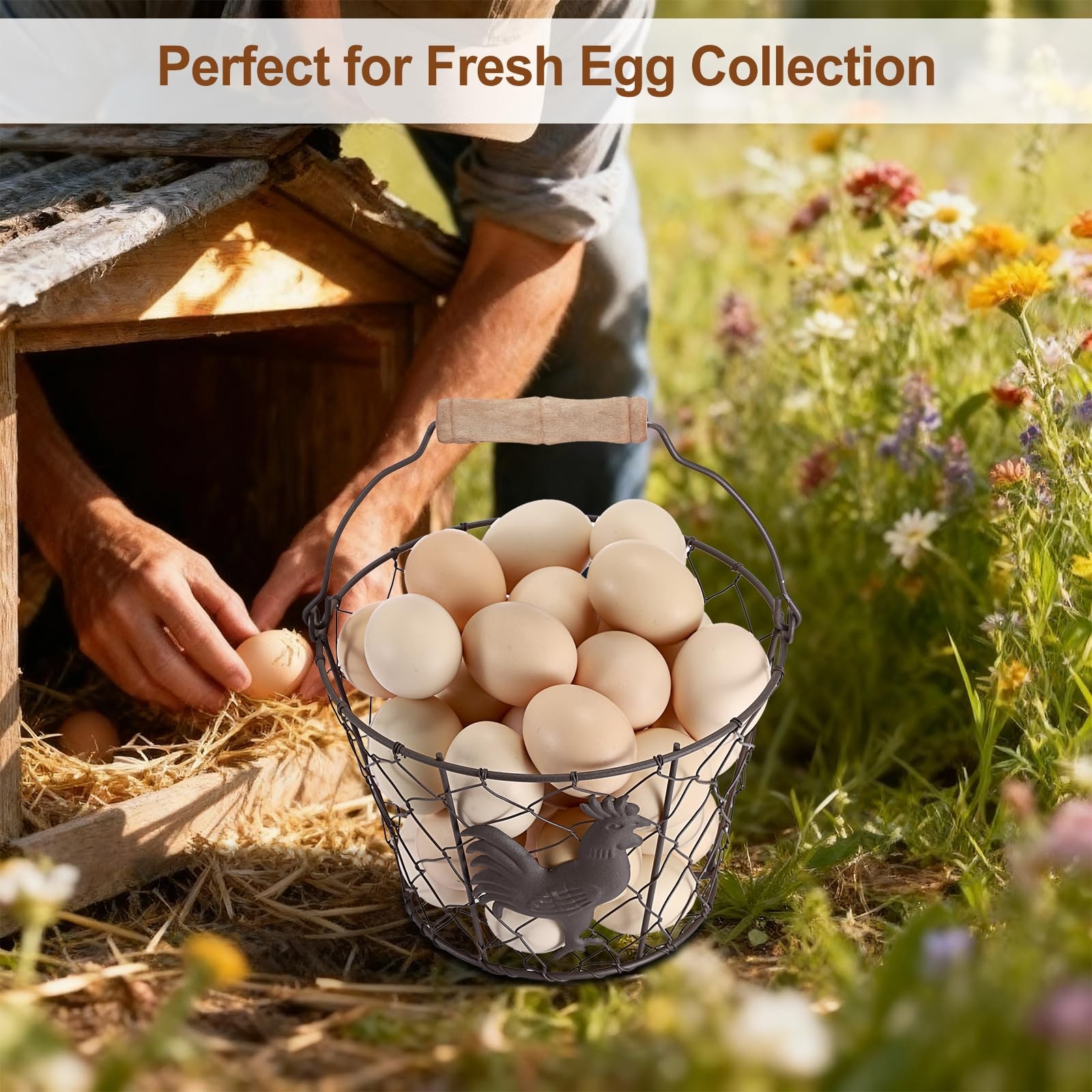 3 PCS 8’’ Farmhouse Egg Collecting Basket with Wood Handle, Rustic Metal Wire…