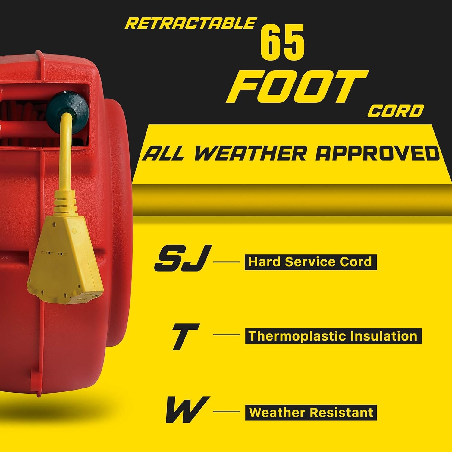 ReelWorks 12 AWG x 65′ 15A 3 Grounded Outlets Extension Cord Reel – RED/YELLOW