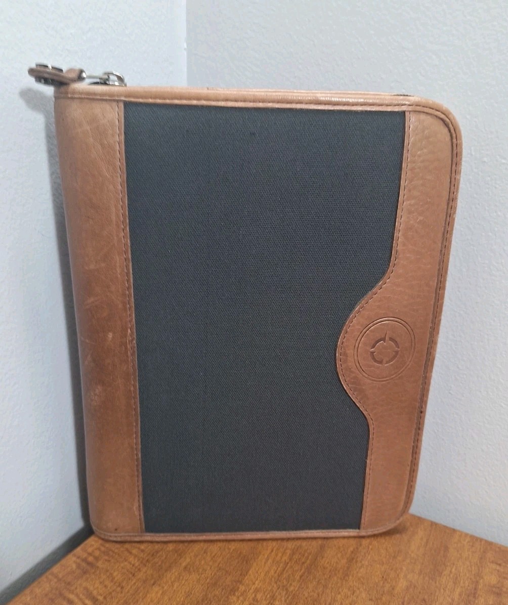 Vtg Franklin Covey Planner Green Canvas Tan Leather Trim 8×10 Full Zip Closure