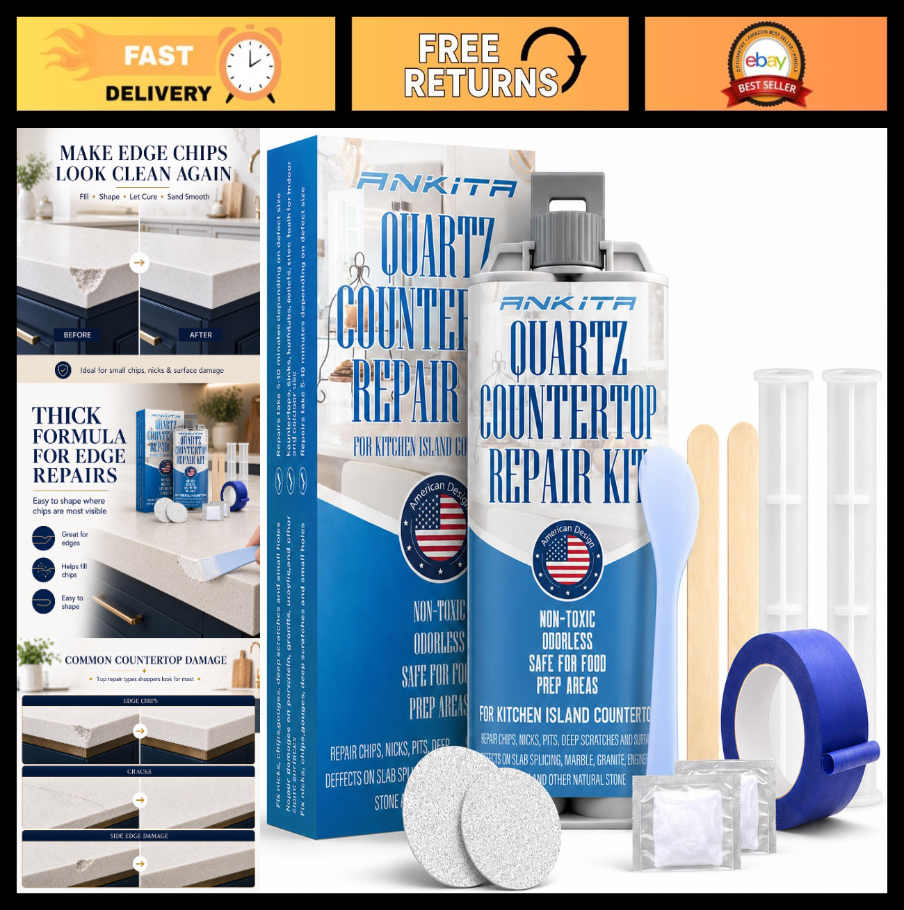 DIY Quartz Countertop Repair Kit – Quick-Drying Epoxy for Chips, Cracks, Scratch