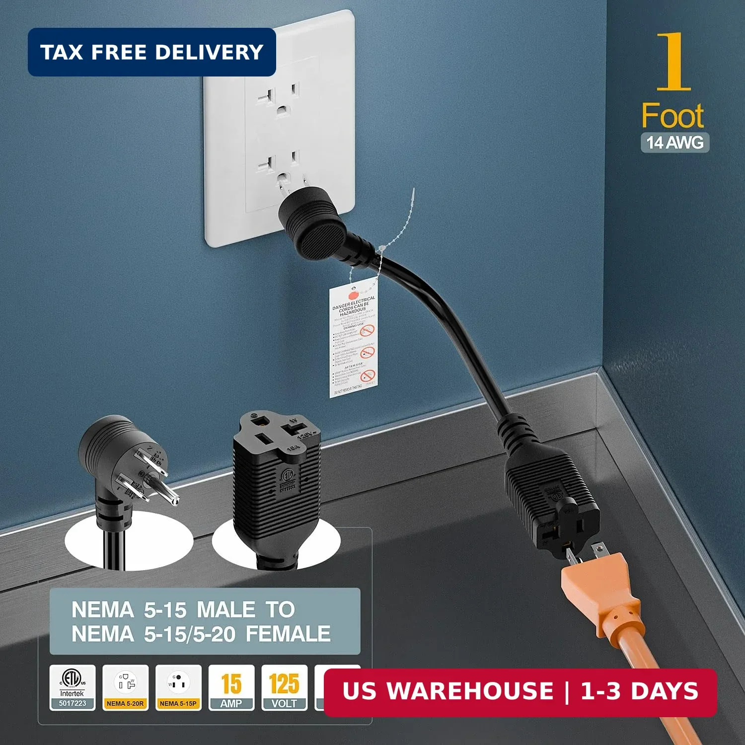1-Foot Right Angle15 Amp Household AC Plug to 20 Amp T Blade Adapter Cable，14AWG