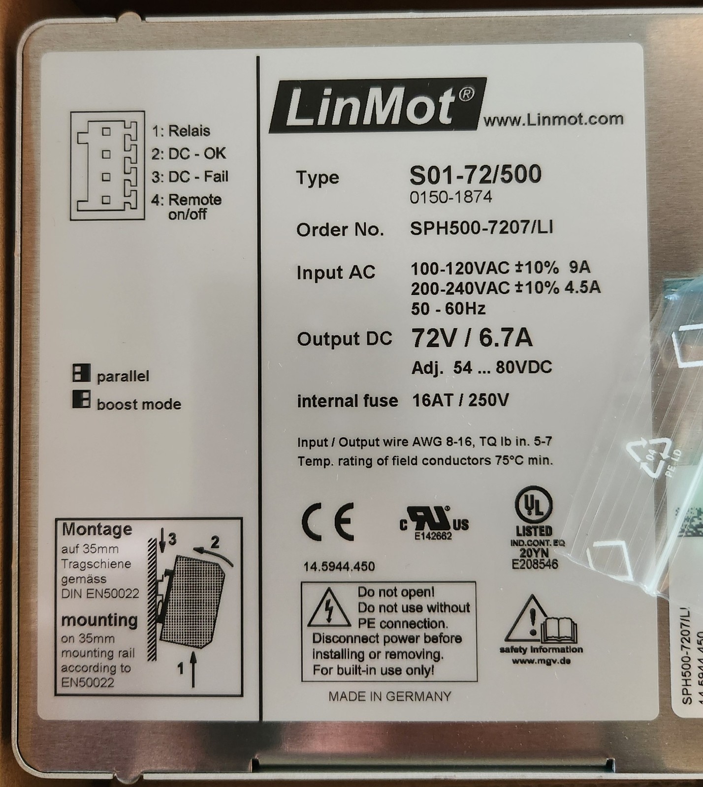 NEW LinMot S01-72/500 Switching Power Supply 72V 6.7A 100-240VAC DIN Rail Mount