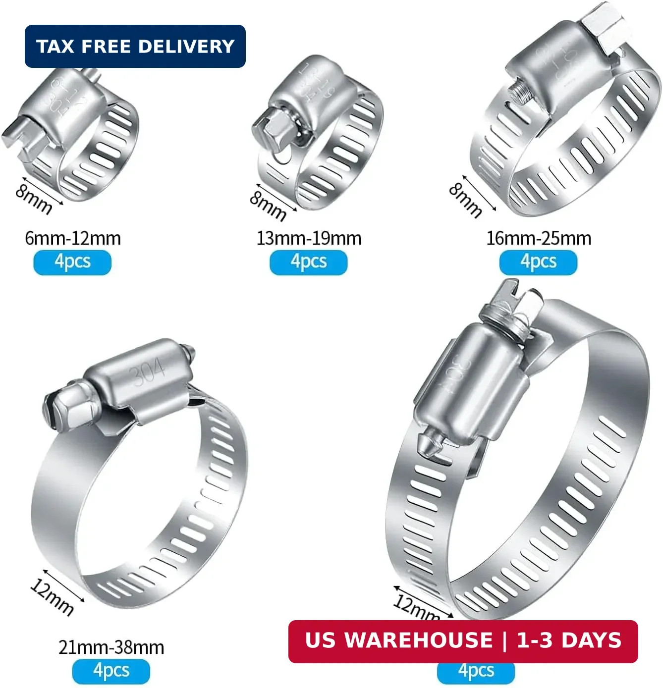 20Pcs Adjustable Stainless Steel Hose Clamps Assortment Kit, 1/4-2 in (6-51mm) W
