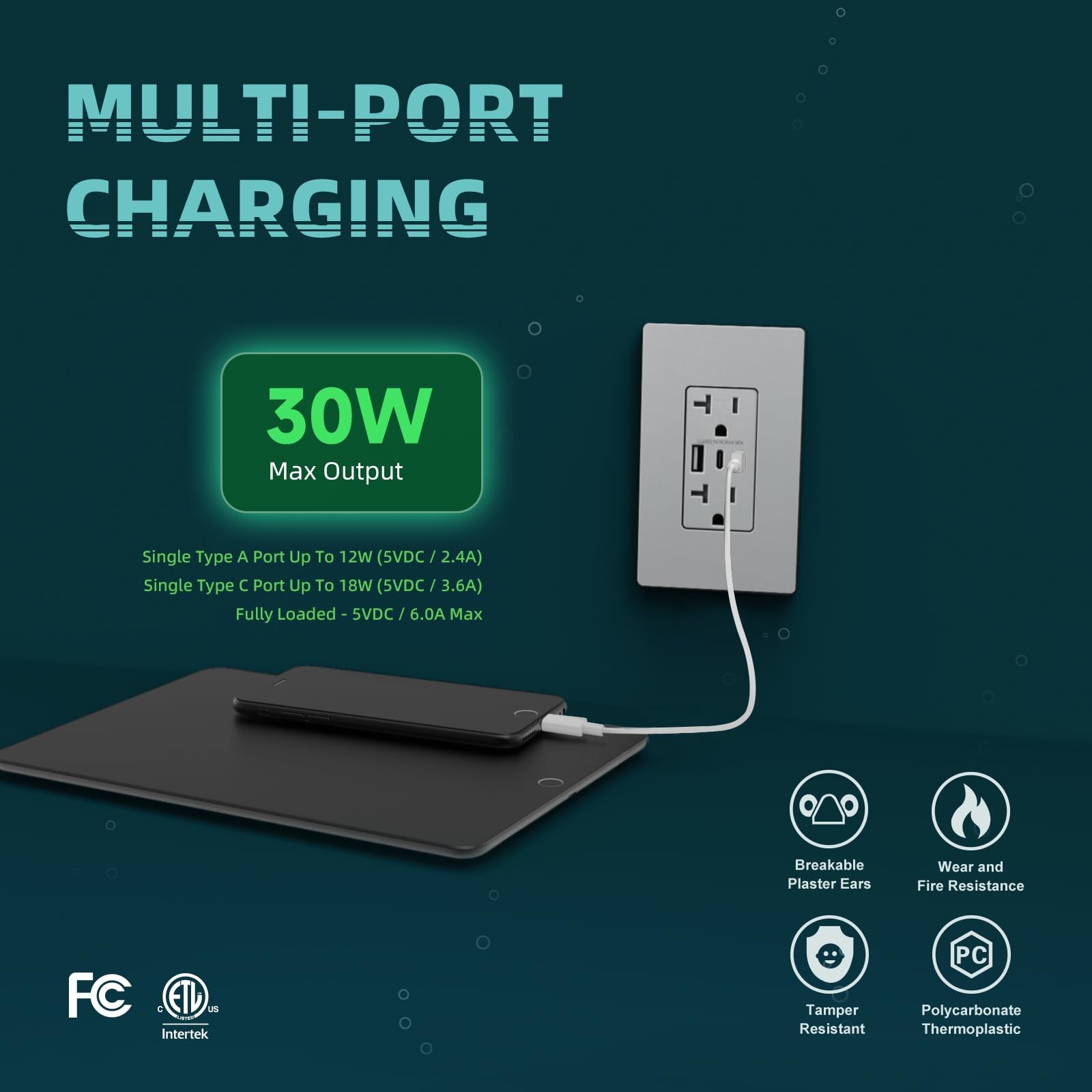 TOPELER USB Outlets Receptacles, 30W 6.0A 3-Ports Wall Outlet, 20A, Grey