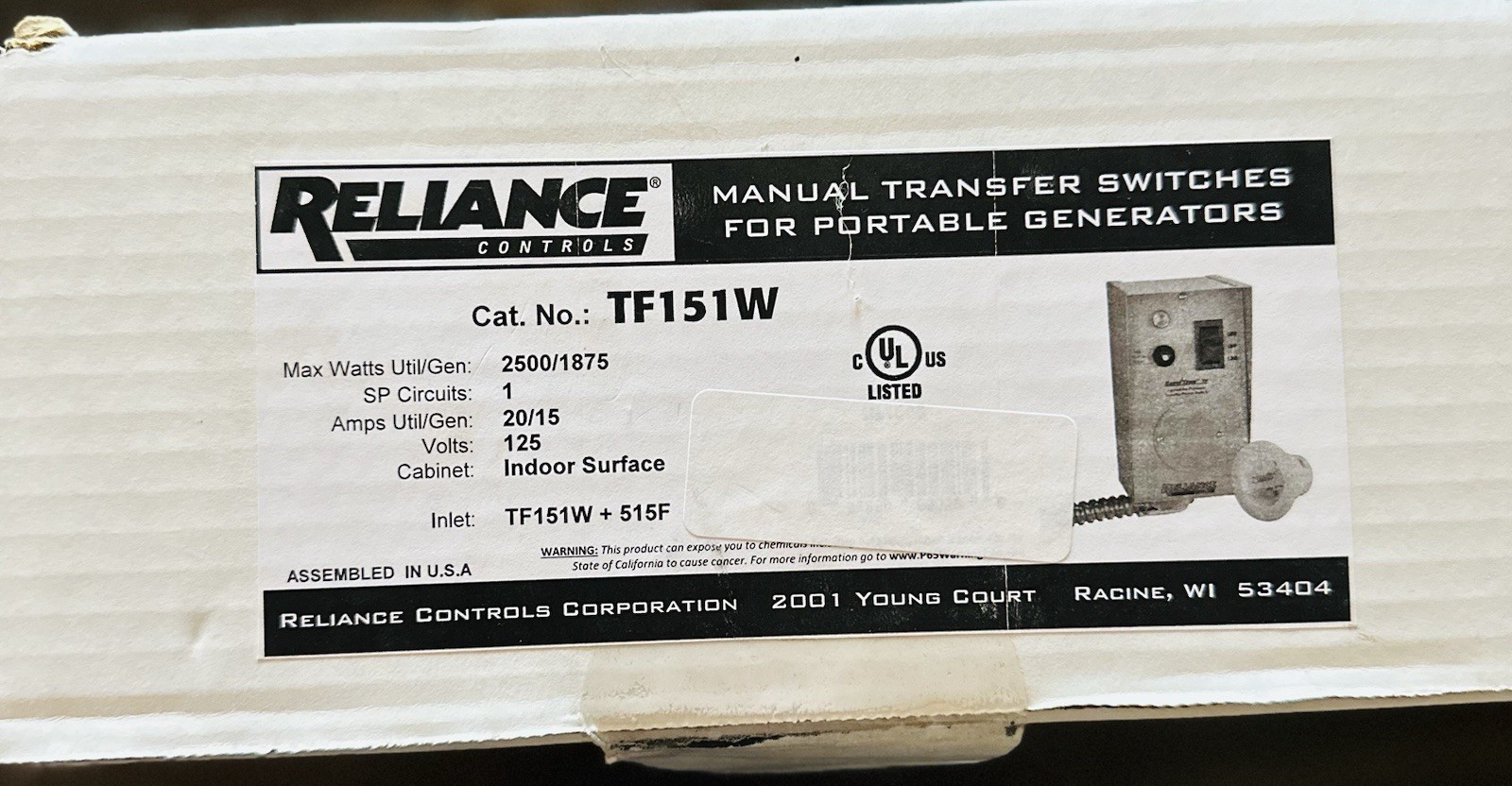 Reliance Controls TF201W Easy/Tran Transfer Switch 2500 Watts Portable Generator