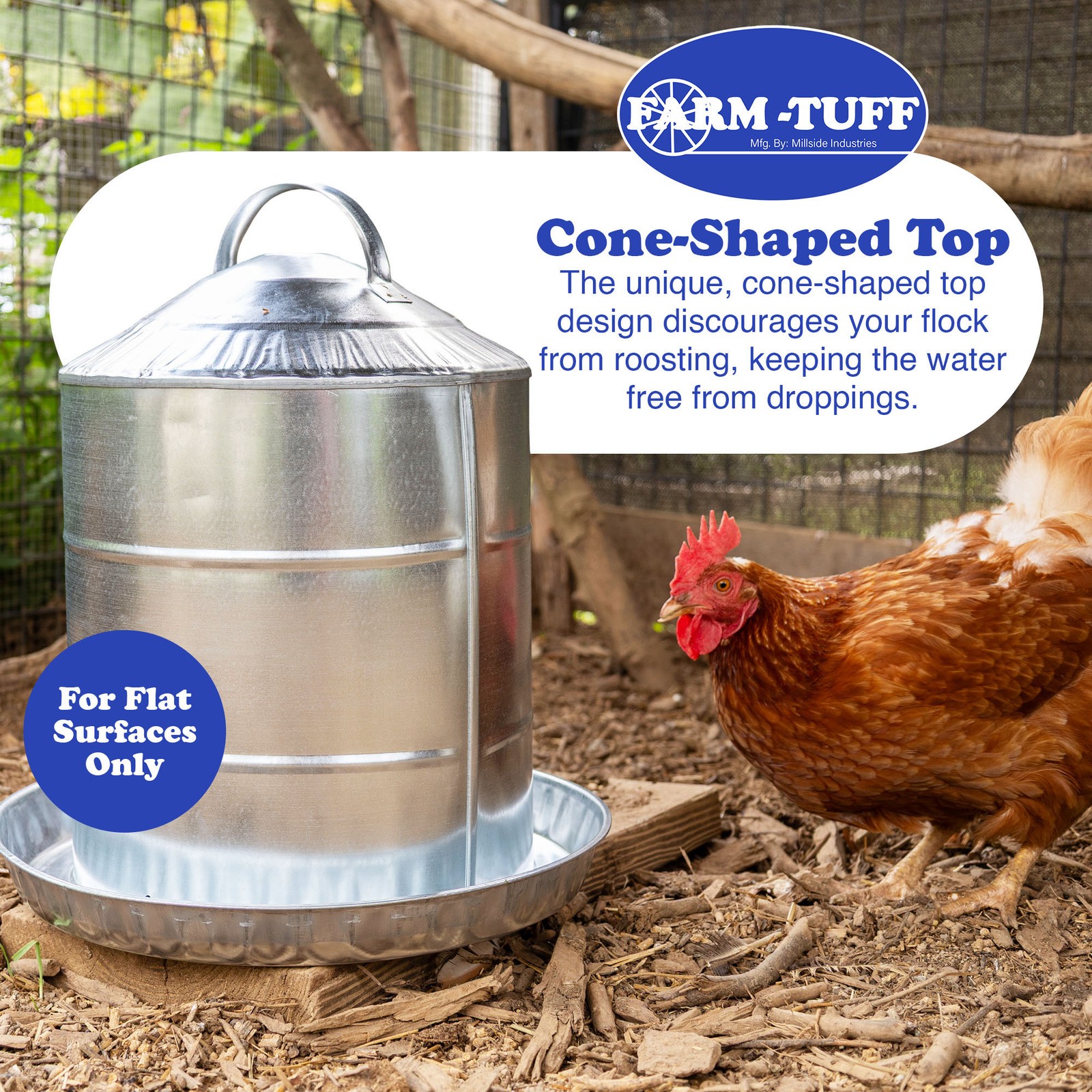 FARM-TUFF Double Wall Cone Top Galvanized Poultry Fountain, 5 Gallon Capacity