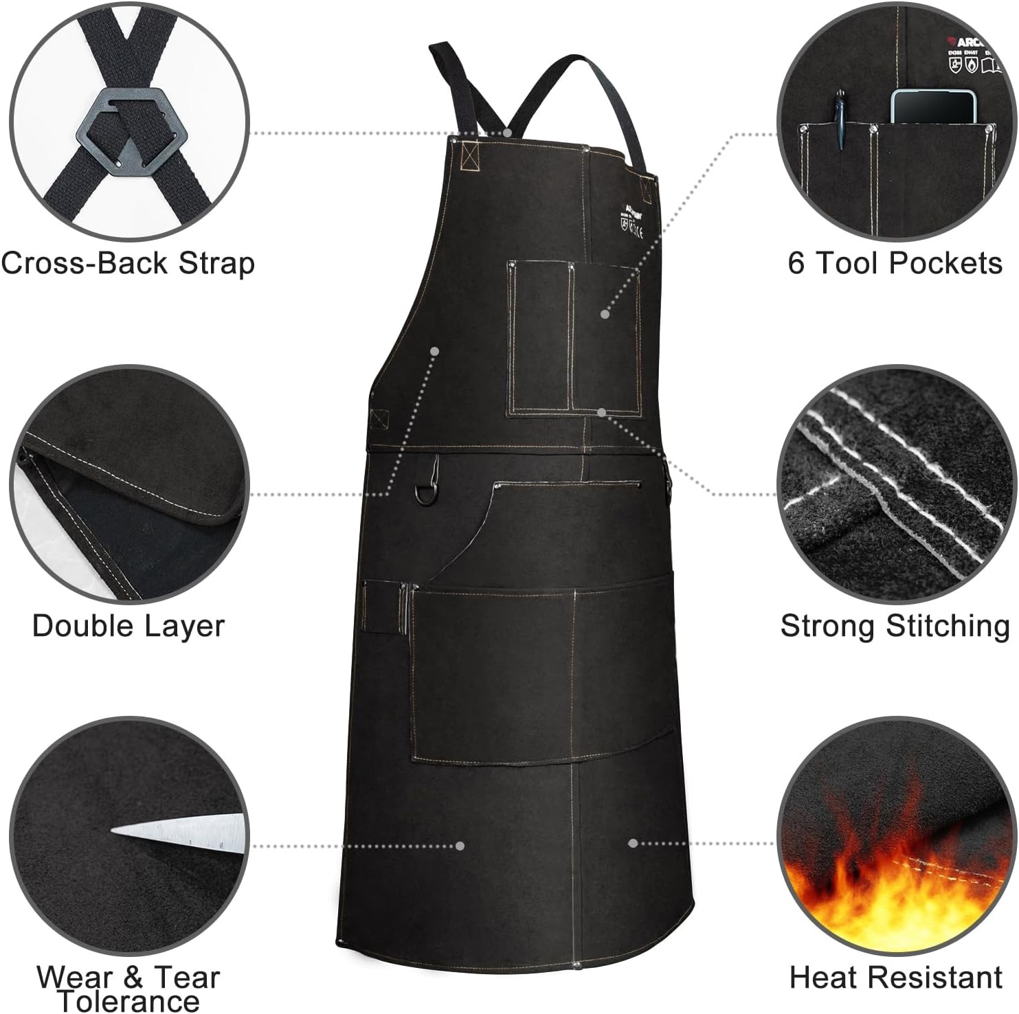 2PCS ARCCAPTAIN Leather Welding Work Apron Heat Flame Resistant Cowhide 6Pockets