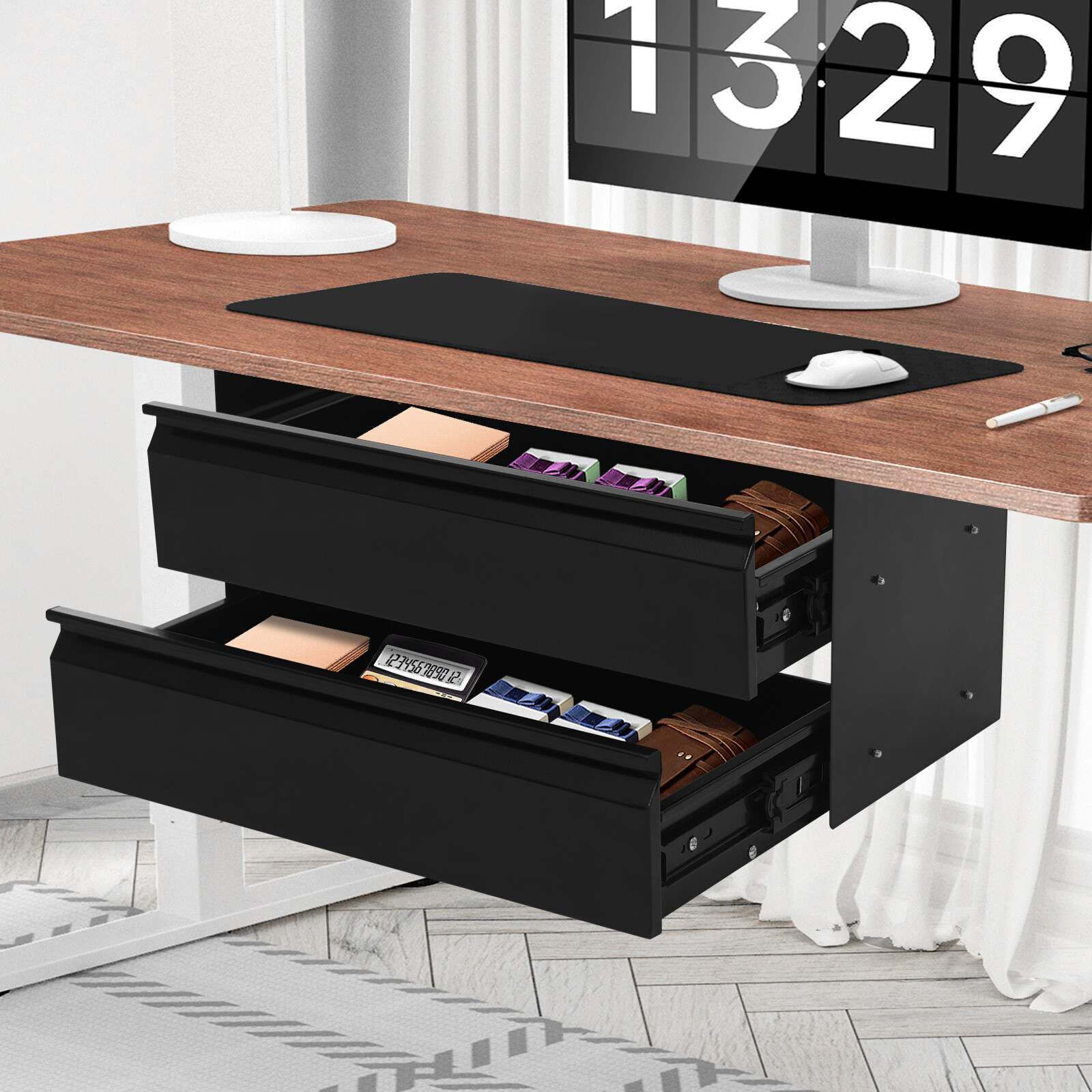 2 Layer Steel Under Desk Drawer Slide Out Dual Tier Under Desk Drawer Organizer