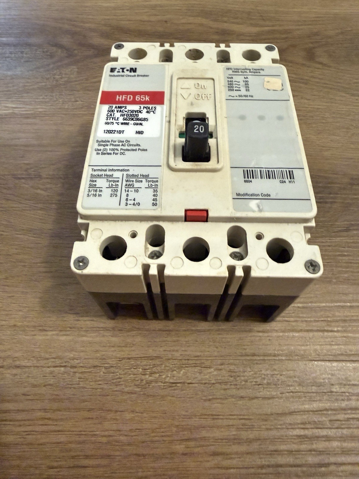 Eaton Cutler-Hammer HFD3020 600v 20A 3P Circuit Breaker 20 Amp 3 Pole HFD 65k