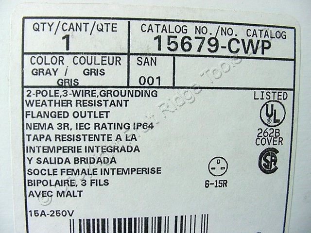 Leviton 15679-CWP Nema 6-15R Flanged Outlet Weather Resistant Cover 15A 250V