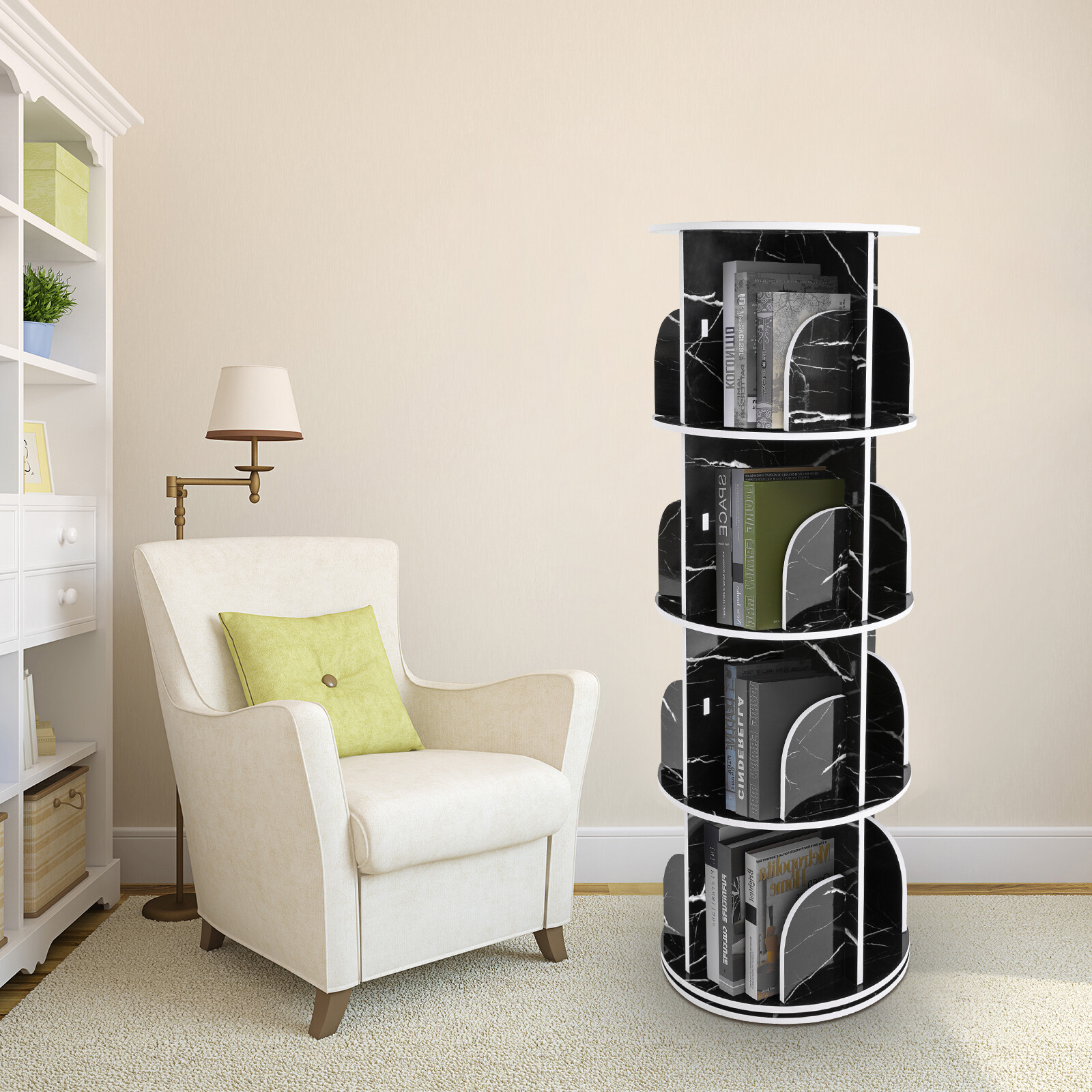 Rotating Display Bookshelf – Black Marble Revolving Storage Rack 4 Tier