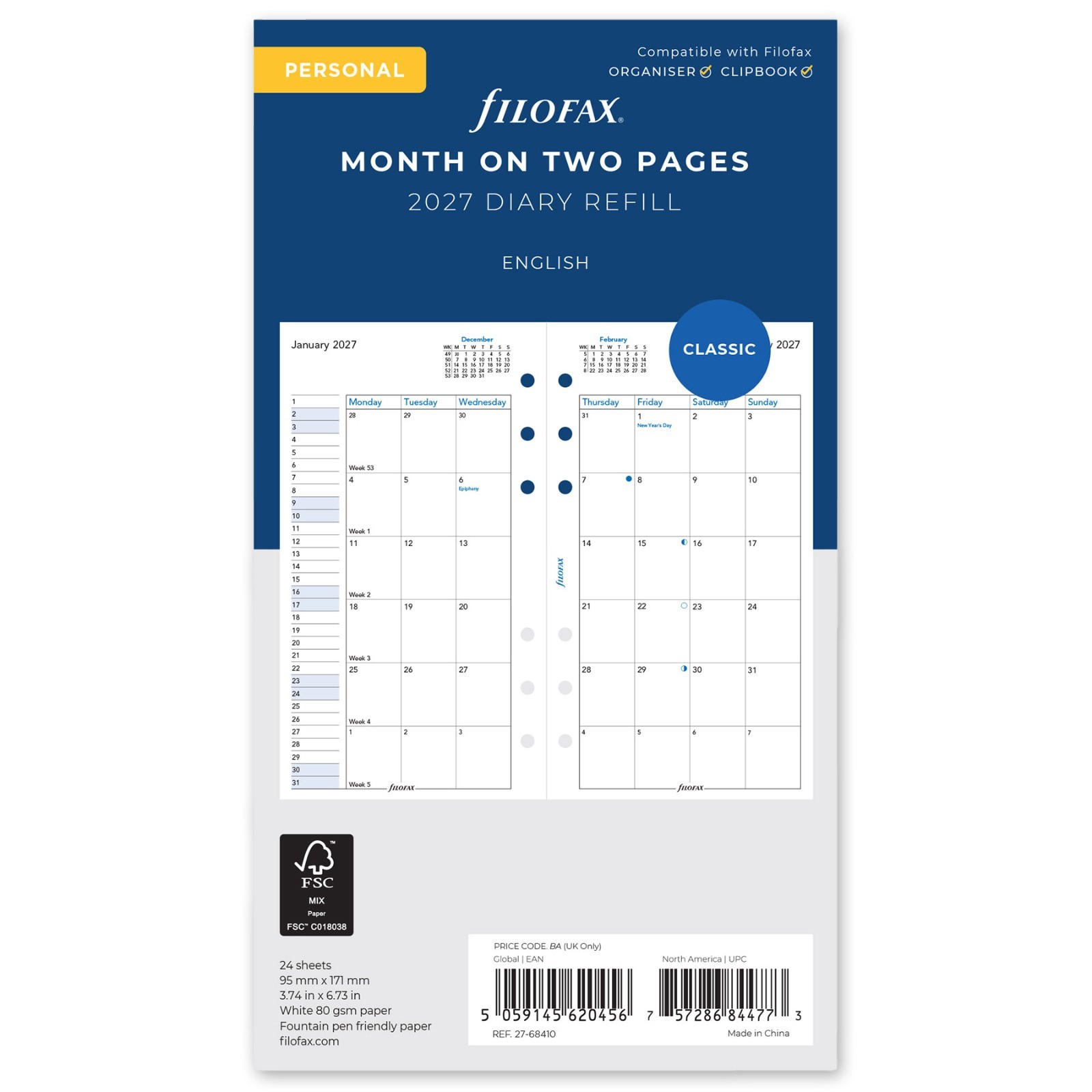 2025 Filofax Personal Size Refill 25-68410 Month on Two Pages, 95mm x 171mm